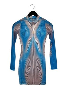 NWT MURCI Blue Illusion Wave Mesh Sheer Bodycon Dress US 4 Cyberpunk Futuristic